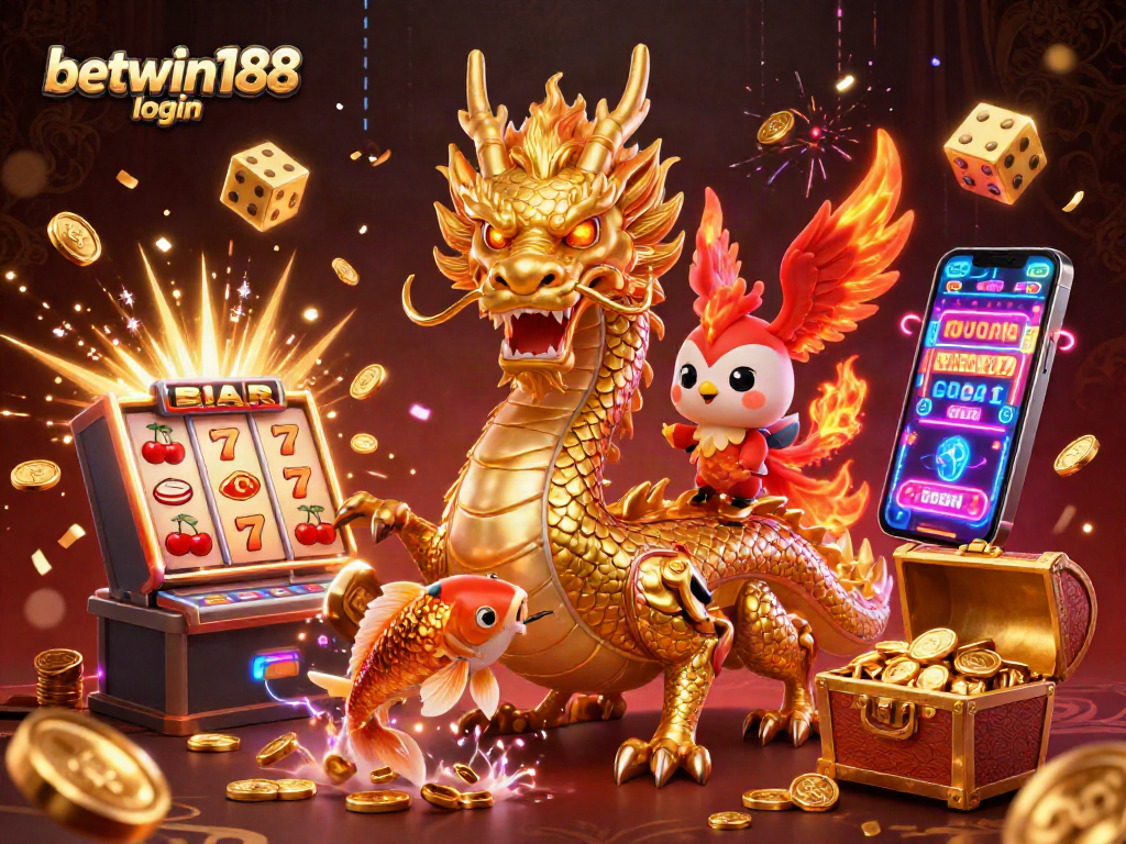 Betwin188 login image showcasing a dynamic casino scene with a golden dragon and jackpot slot machine.