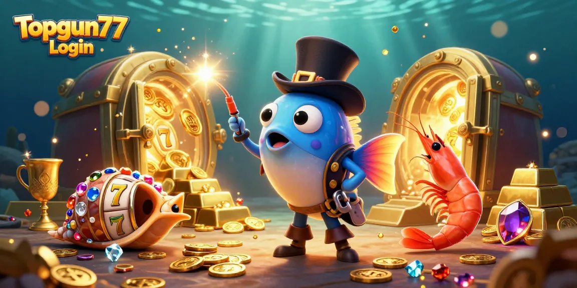 Ikon Topgun77 Login dengan ikan pemancing 3D dan simbol slot yang berkilau, menarik perhatian pemain slot.