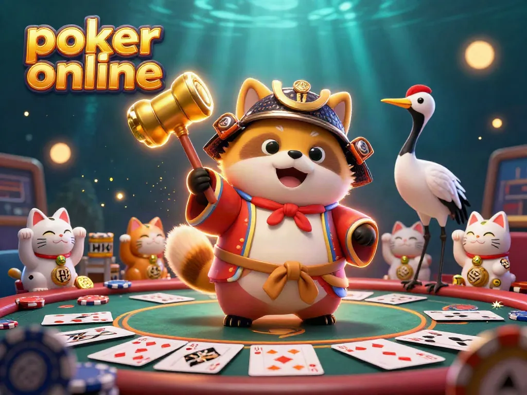 Engage in poker online with vibrant characters and luck symbols in a dynamic casino setting