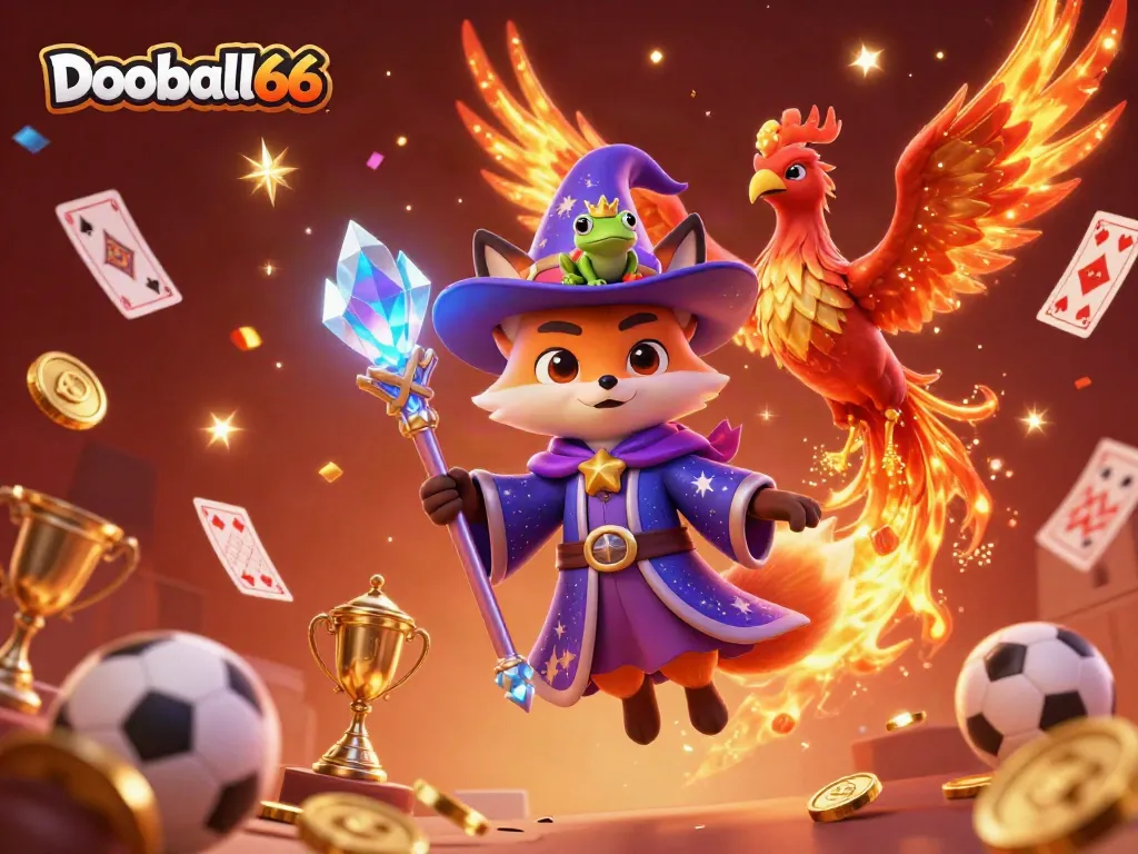 Experience epic gaming with Dooball66 in this vibrant illustration showcasing a wizard fox, phoenix, and playing cards.