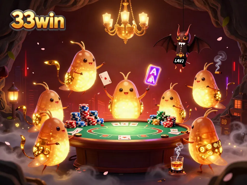 Experience the thrilling 33win casino with animated glowworms lighting the game tables and vibrant poker elements.