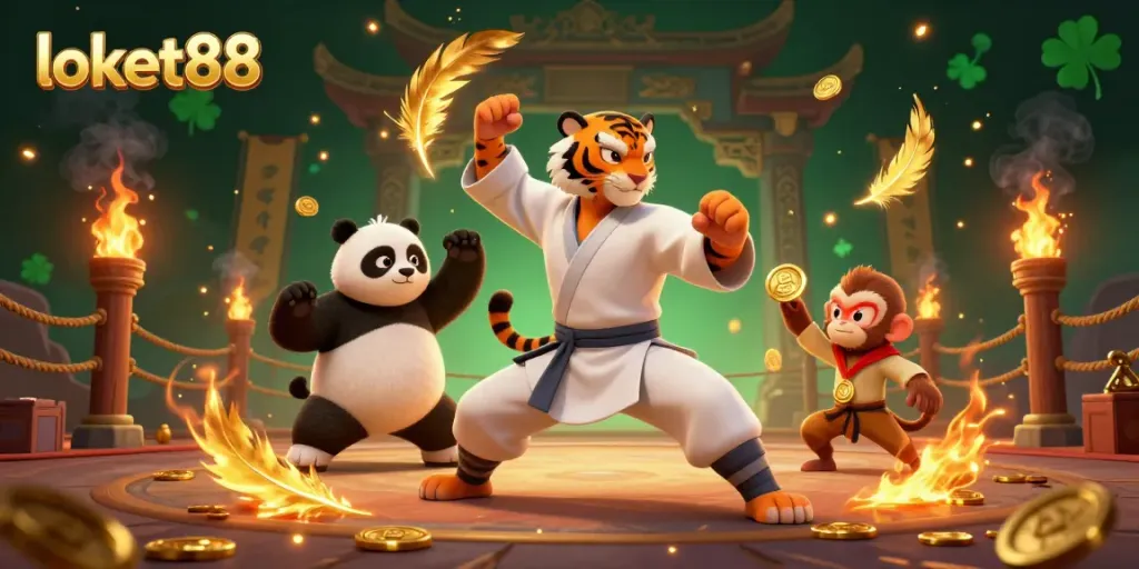 Engage with loket88 in this vibrant illustration of a kung fu tiger, panda, and monkey in a dynamic casino scene.