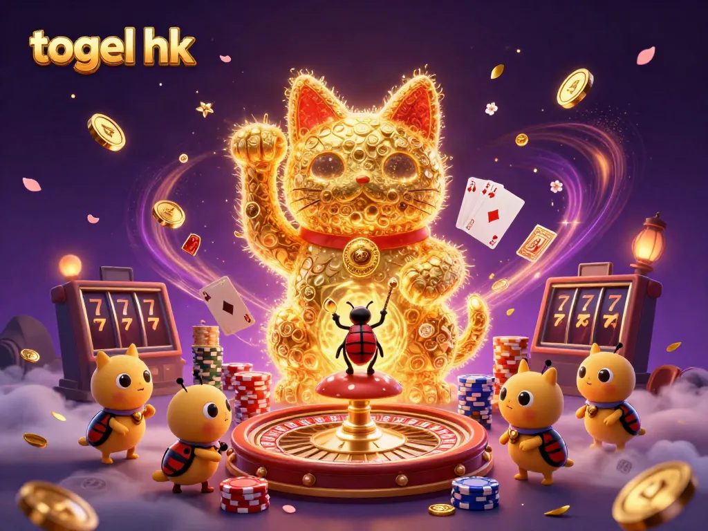 Ilustrasi 3D penuh warna dengan simbol togel hk dan kucing keberuntungan.