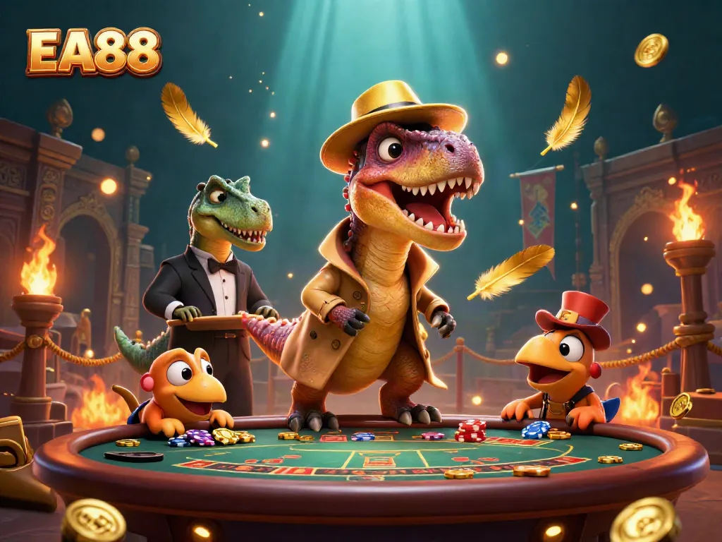 Experience thrilling gameplay with EA88 featuring a cartoon velociraptor card counter at a vibrant blackjack table surrounded by lively casino elements.