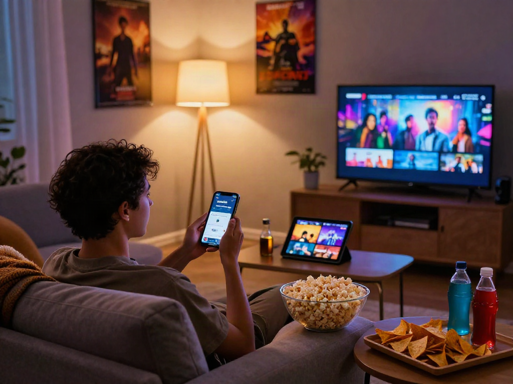 Enjoying the Moviebox app on a smartphone in a cozy living room setup.