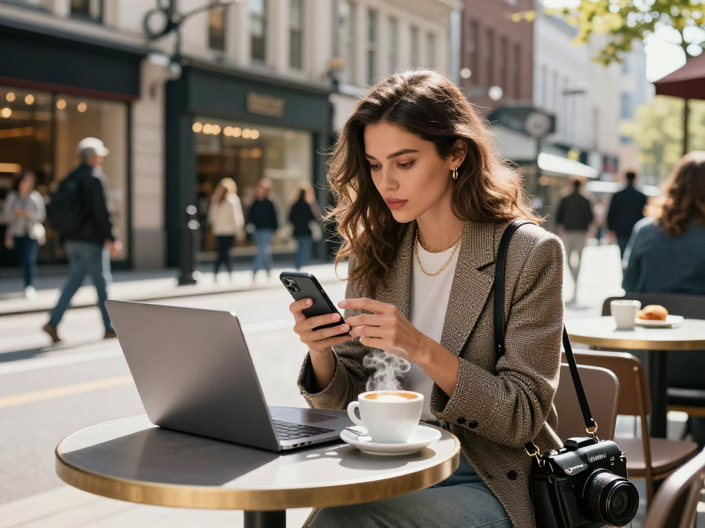 Diyarbakır escort, modern kafe ortamında şık bir kadının laptopta çalışırken sıcak kahve ve tatlı ile keyifli bir anı paylaştığı sahne.