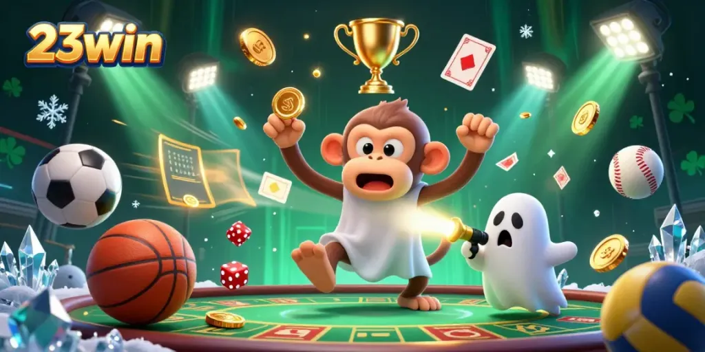 Engage with thrilling experiences at 23win's casino, featuring a mischievous monkey and ghost-hunter puppy in a vibrant scene.