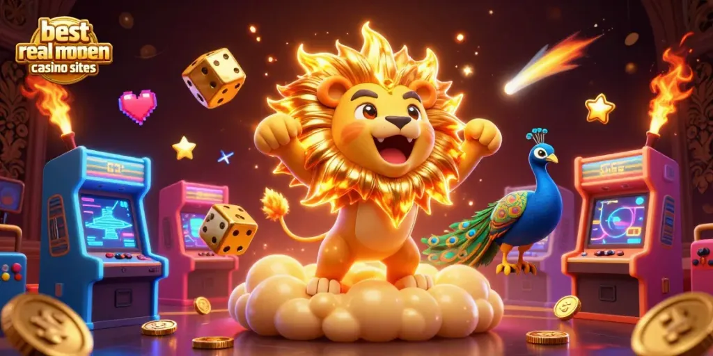 Exciting illustration highlighting the best real money casino sites amidst 3D colorful gaming elements and characters.