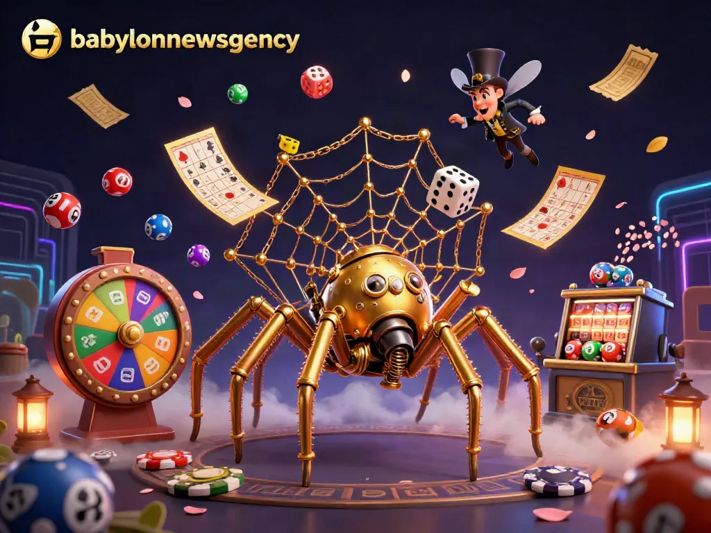 Bounce colorful lottery balls around a steampunk spider in a vibrant casino web scene - babylonnewsagency
