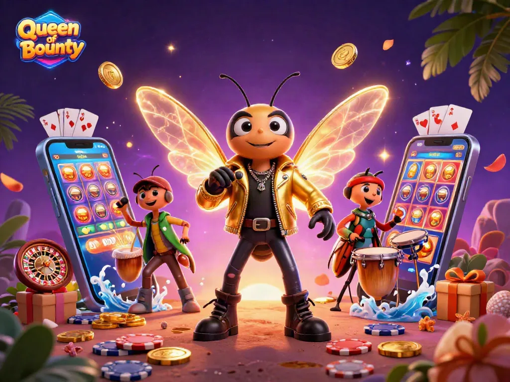 Spin and win with Queen of Bounty slot game featuring a rock star cicada in an exciting casino scene.