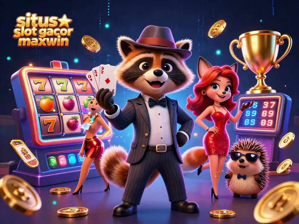 Spin to win with situs slot gacor maxwin as a suave raccoon and friends celebrate in a vibrant casino scene.