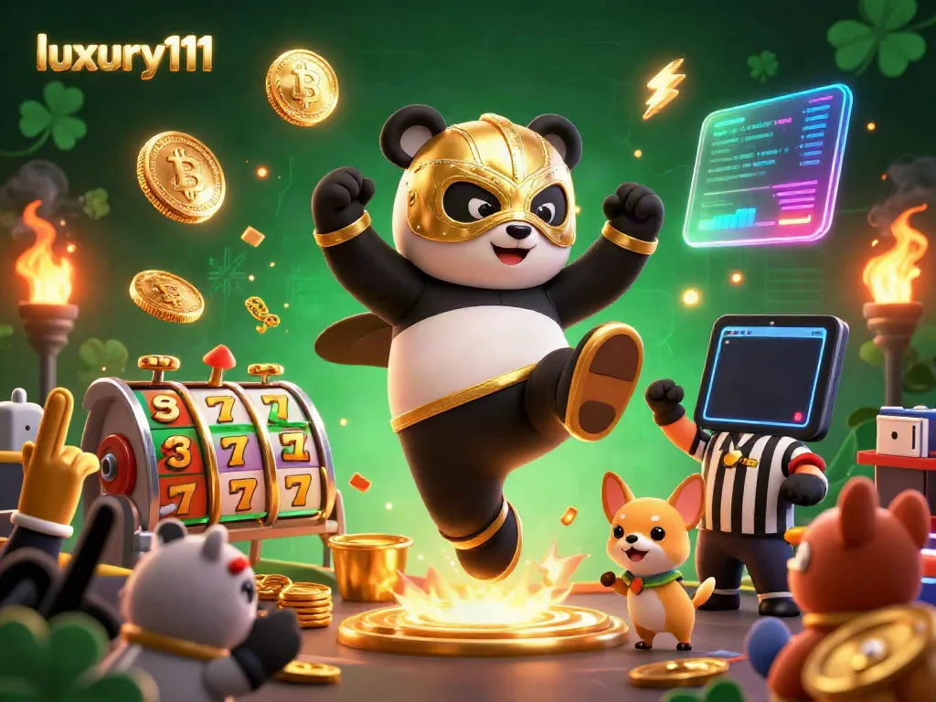 Experience a thrilling luxury111 gaming scene with a panda wrestler and a cheering crowd in vibrant detail.