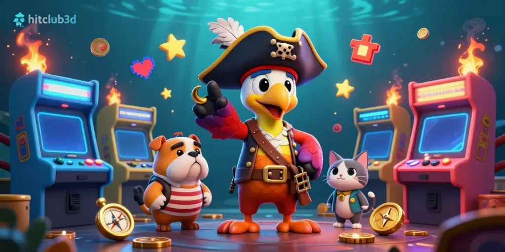 Experience the excitement of hitclub3d with a vibrant 3D pirate-themed casino scene, rich in game elements.