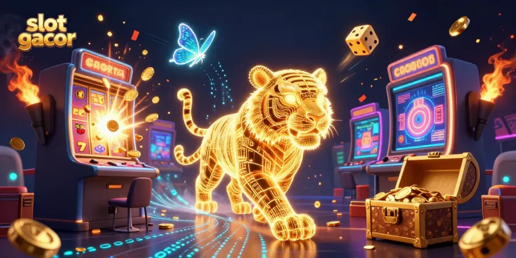Experience the excitement of slot gacor with a vibrant casino scene featuring a neon tiger!