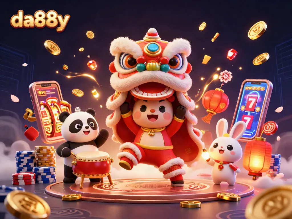 Experience winning thrills with da88y in a vibrant 3D casino scene featuring lucky symbols and festive characters.