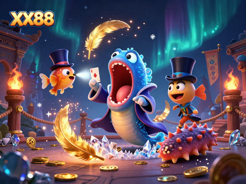 Experience thrilling card tricks at XX88 with magical sea creatures in a vibrant casino scene.