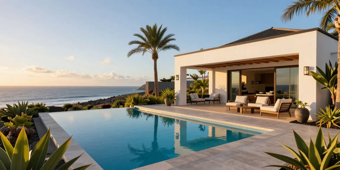 Stunning luxury villa in the Canary Islands showcasing elegant design, gardens, and ocean view.