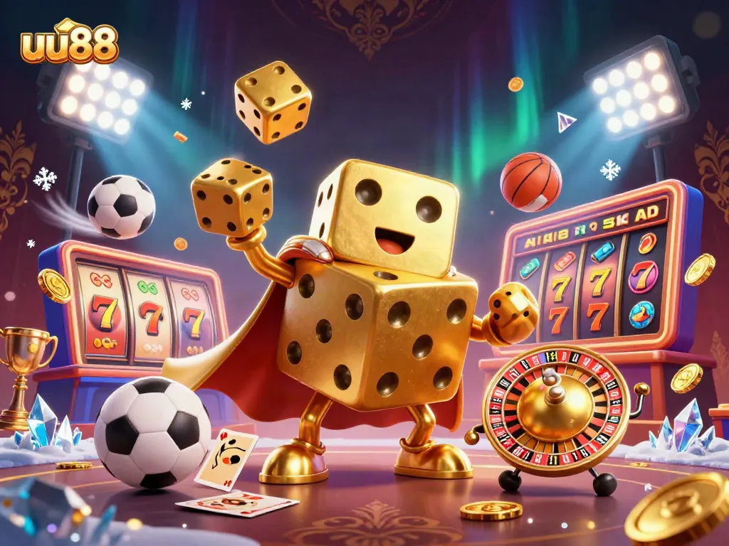 Experience thrilling gameplay at uu88 with a vibrant 3D casino illustration showcasing exciting game elements.