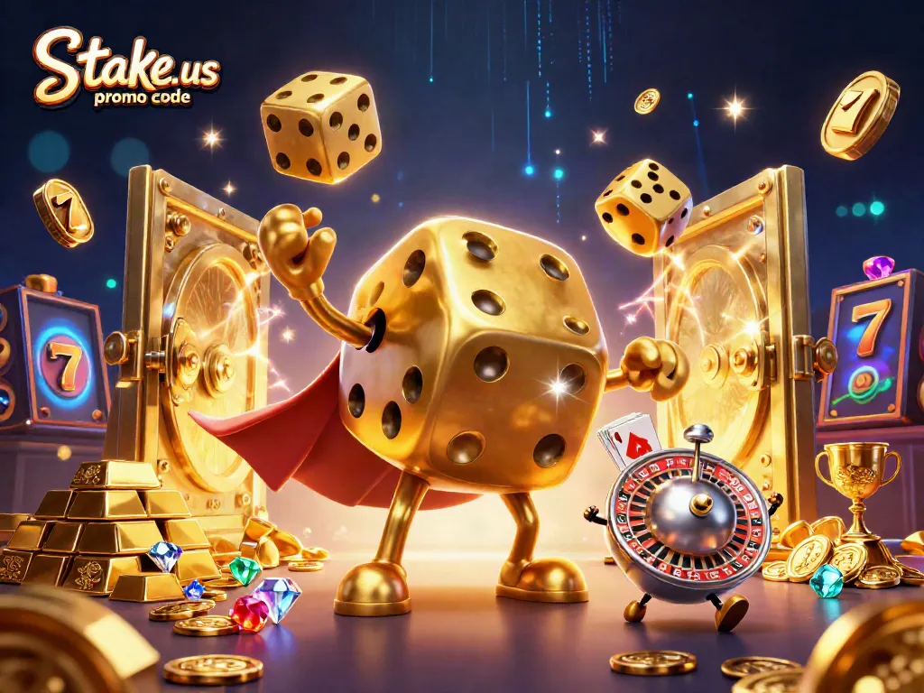 Win big with stake.us promo code featuring a vibrant 3D casino scene filled with action and excitement.