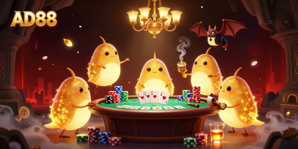 Experience the magic of AD88 with glowing casino elements and lively characters in a dynamic scene.
