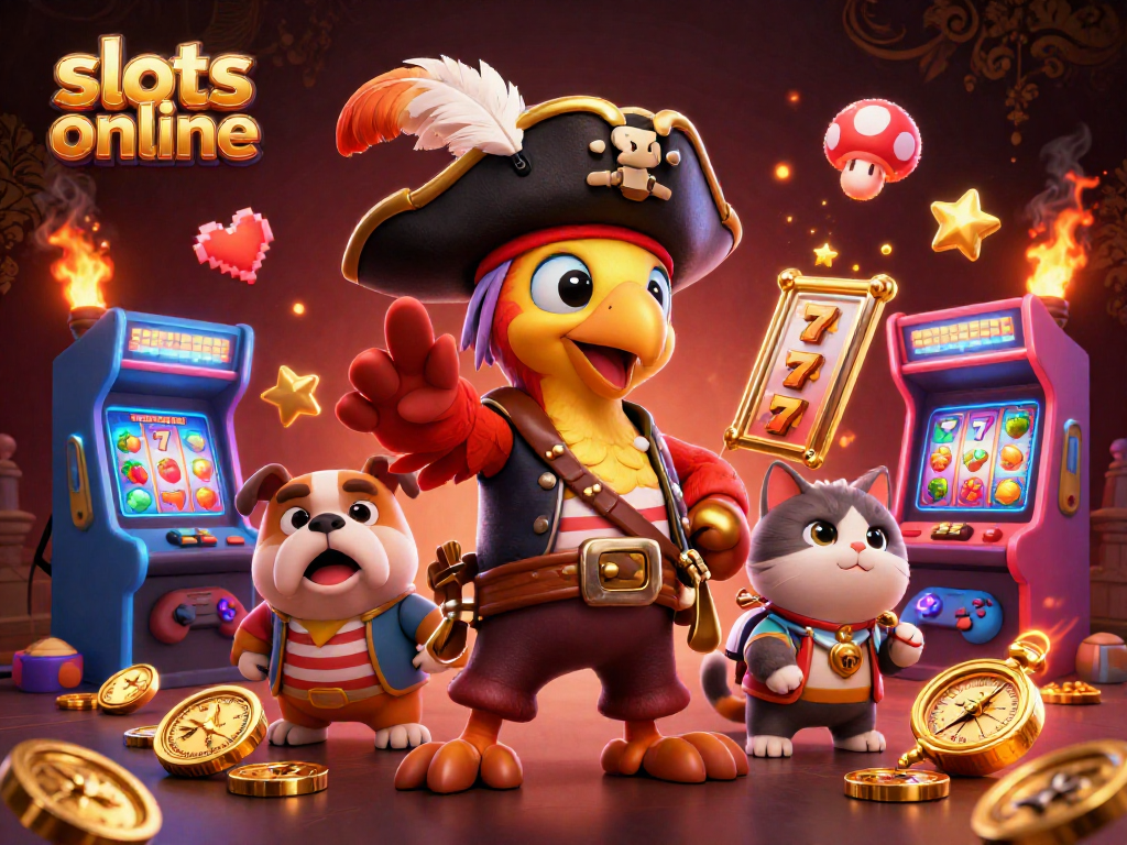 Engage with slots online featuring a vibrant pirate scene complete with slot reels and casino elements.