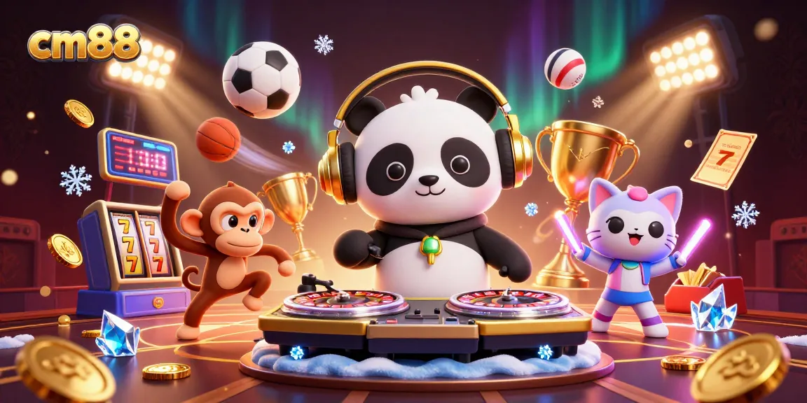 Experience thrilling wins at cm88 with a vibrant scene of a DJ panda spinning, lively characters, and dynamic casino elements.