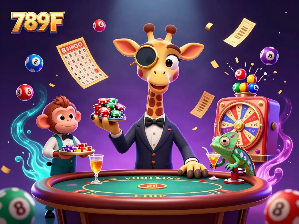 Experience the thrilling casino scene with 789F's high-roller giraffe and vibrant game elements.