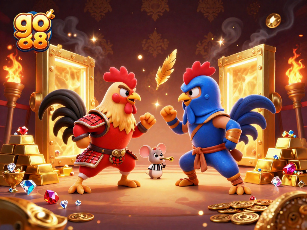 Experience the thrilling clash of roosters in go 88’s 3D animated cockfighting scene showcasing golden treasures.