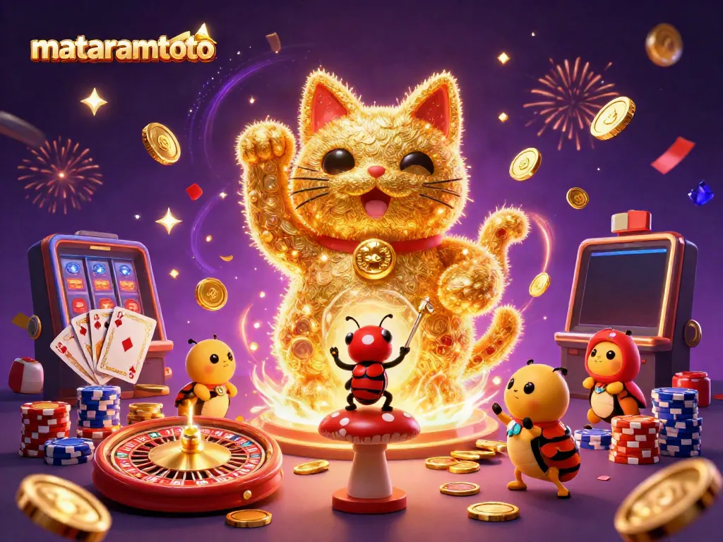 Experience the vibrant magic of Mataramtoto with a bustling casino scene bursting with joyful fireflies and winning symbols.