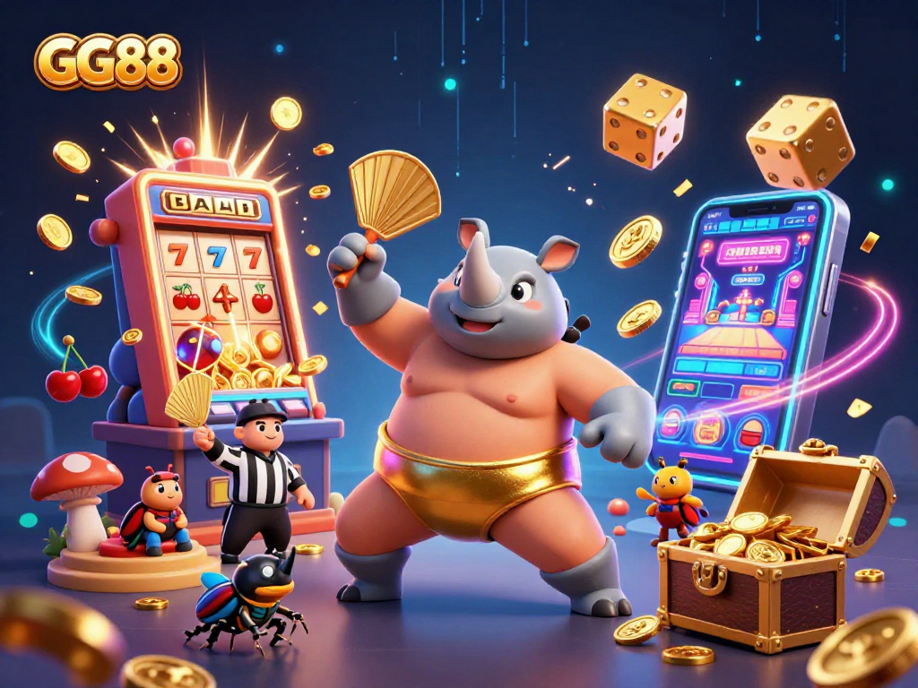 Experience the thrilling excitement of GG88 with a dynamic casino scene highlighting a sumo champion and jackpot slots.