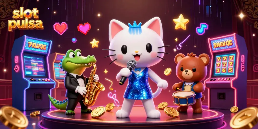 Engage with exciting slot pulsa gameplay in a vibrant 3D casino scene featuring lively characters.