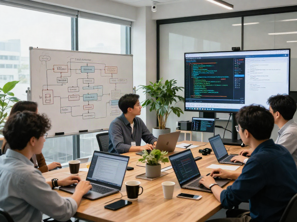 Engineers collaborating on document fraud detection software in a modern office environment, showcasing innovative technology development.