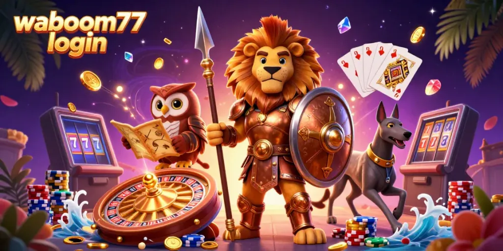 Engage with exciting pokies action at Waboom77 login, featuring vibrant characters and casino elements.