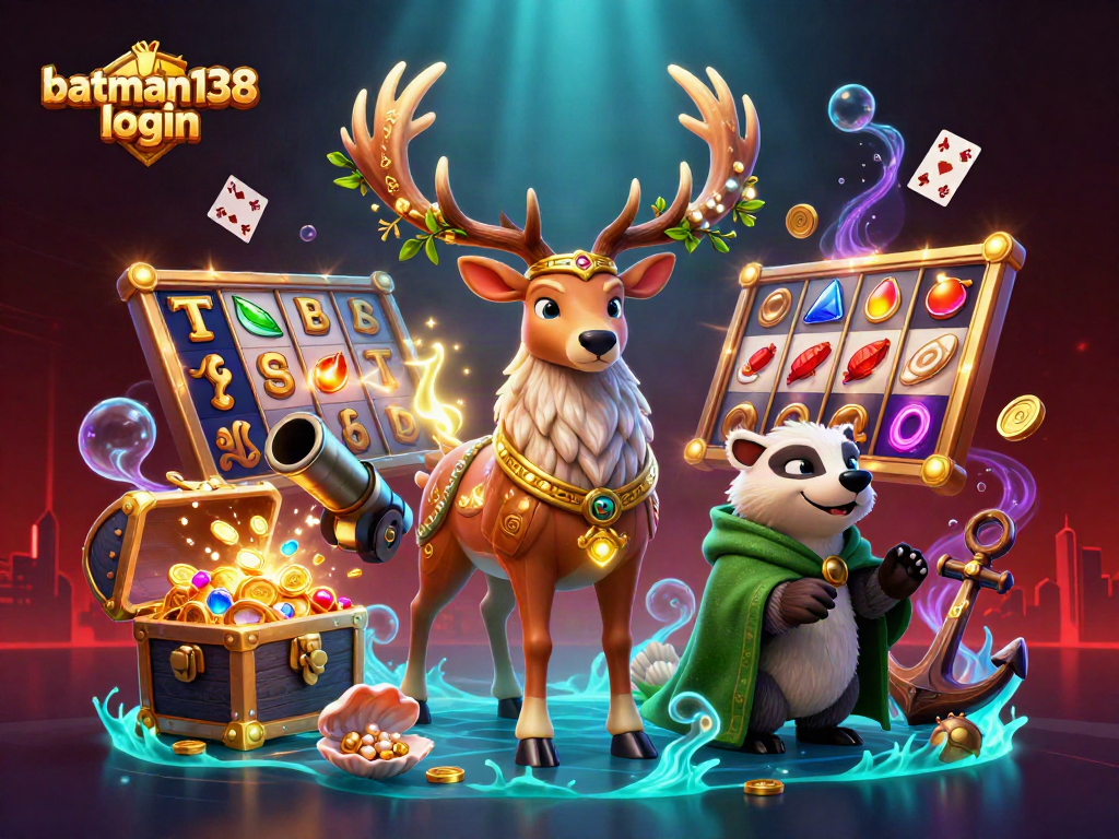 Engage in thrilling gameplay with batman138 login, surrounded by dynamic slot reels and treasure.