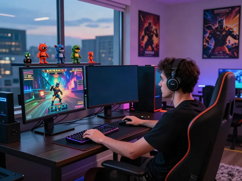 Immersive gaming experience with batman138 slot on dual monitors in a modern setup.