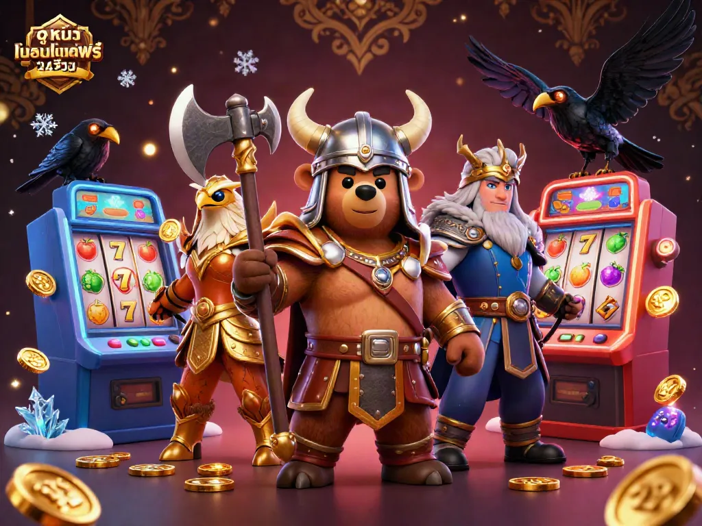 Engage in exciting online movie viewing with ดูหนังออนไลน์ฟรี 24 ชั่วโมง, featuring a vibrant 3D casino scene.