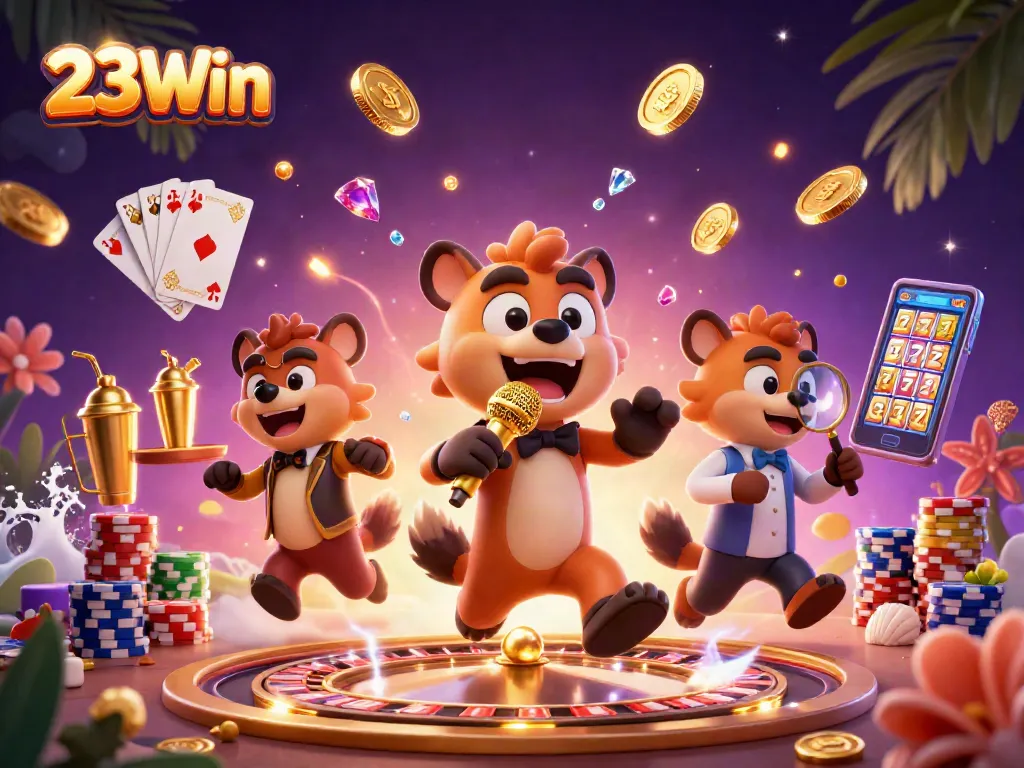 Experience the lively atmosphere of 23Win with a cartoon scene showcasing casino fun and excitement.