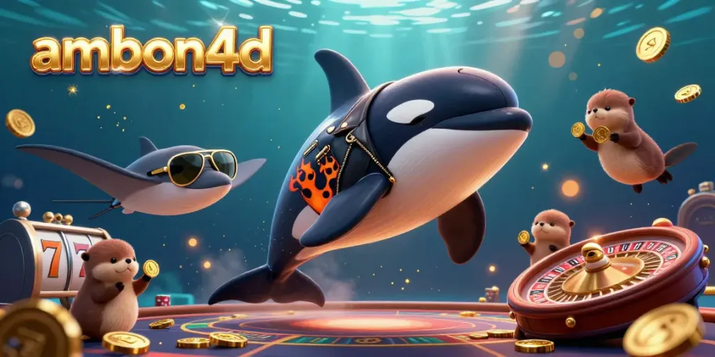 Experience thrilling gameplay with ambon4d as an orca and friends collect golden coins in a vibrant casino scene.