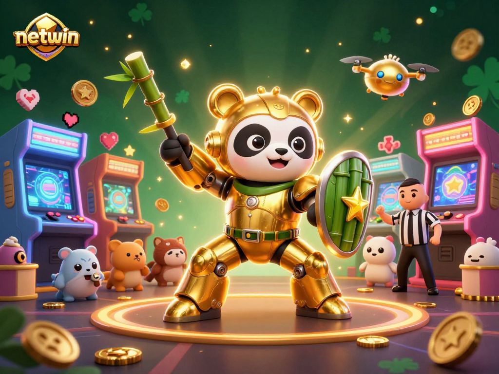 Engage in thrilling gameplay at netwin, featuring a mech-suit panda in a dazzling casino arena.