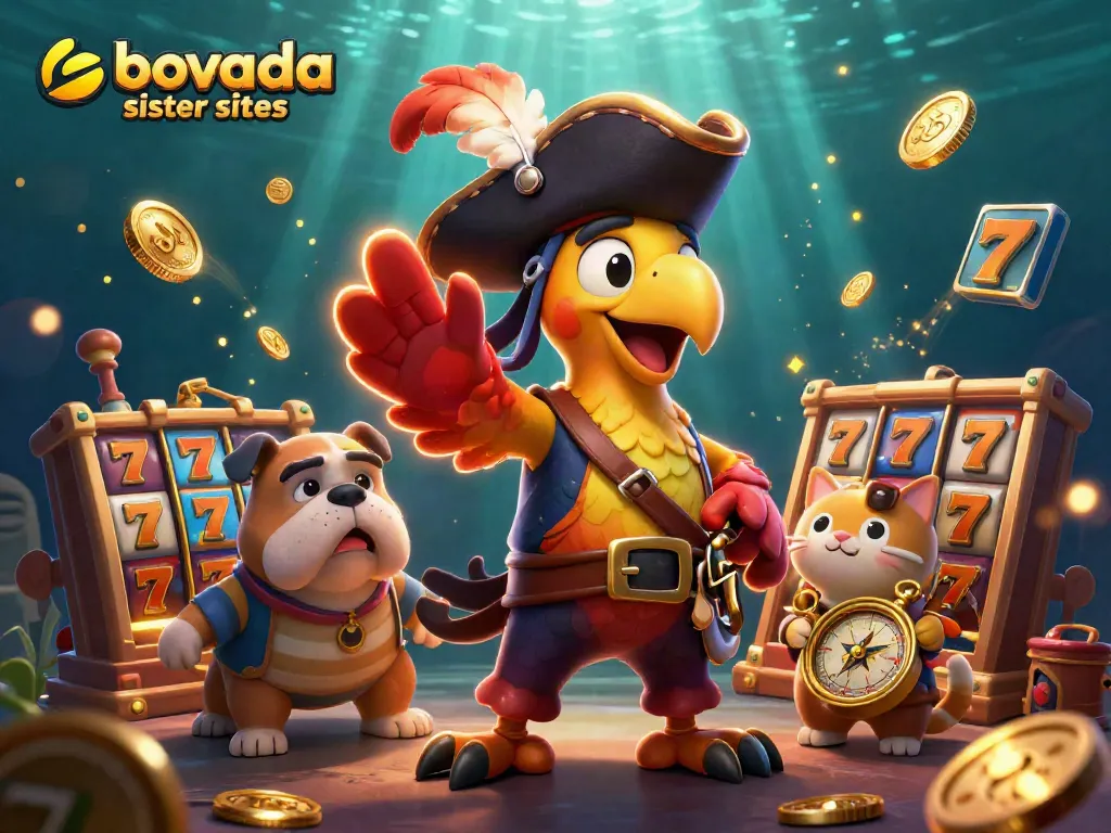 Explore bovada sister sites with exciting slots, dynamic characters, and vibrant casino elements in an engaging 3D scene.