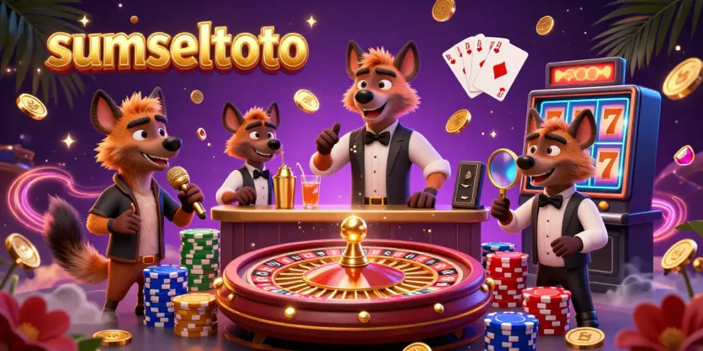 Sumseltoto showcases a lively comedy casino scene with hyenas performing in vibrant 3D detail.