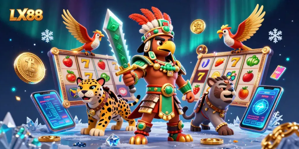 Experience thrilling wins with LX88 in this dynamic casino scene filled with slot reels and vibrant characters.