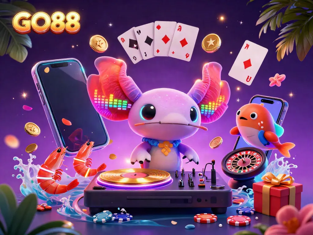 Engage with GO88's vibrant casino world featuring a neon axolotl DJ and lively underwater gameplay.