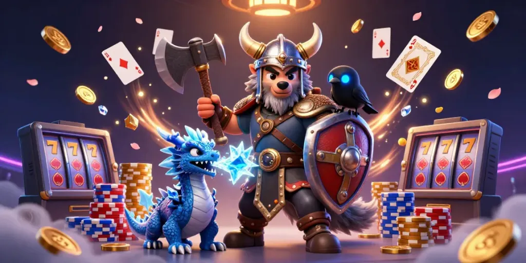 Experience the excitement of nổ hũ with a Viking wolf warrior, dragon, and treasure!