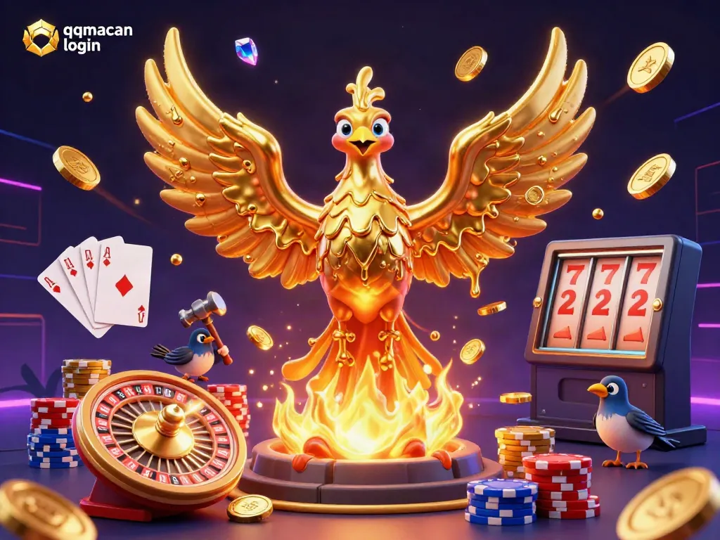 Engage with exciting gameplay through the qqmacan login, showcasing a molten phoenix and vibrant casino elements.