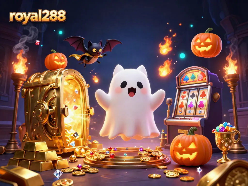 Royal288 menyajikan kucing hantu dan kelelawar dalam kasino menyeramkan yang dipenuhi harta karun.