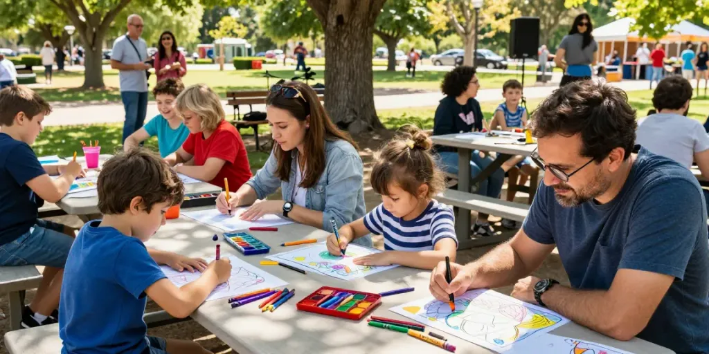 Families and children enjoying outdoor coloring activities at freecoloringsheets.net community event.