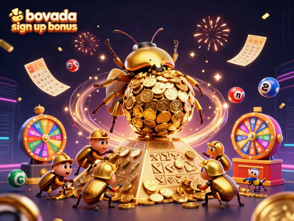 Experience the thrill with Bovada sign up bonus, featuring a gold coin-rolling beetle amidst dynamic casino elements.