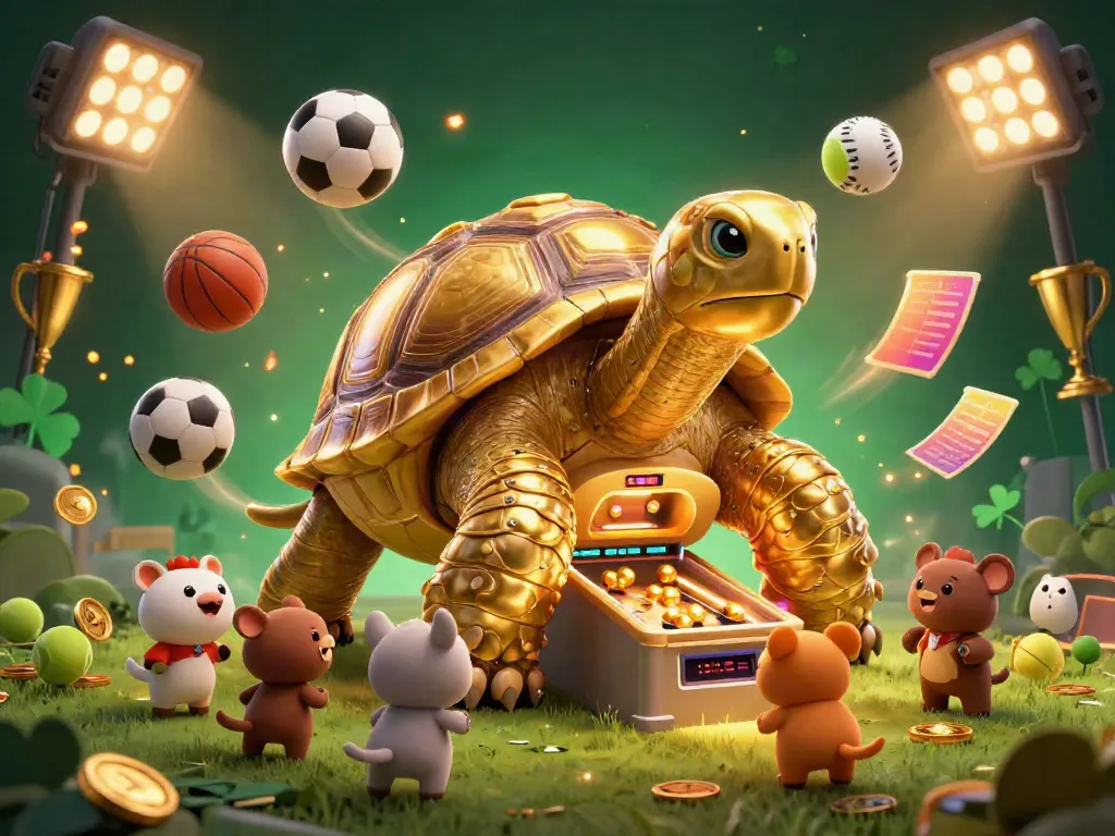Experience the thrill of SUNWIN casino with a dynamic 3D illustration featuring golden tortoise, energetic animals, and vibrant sports elements.