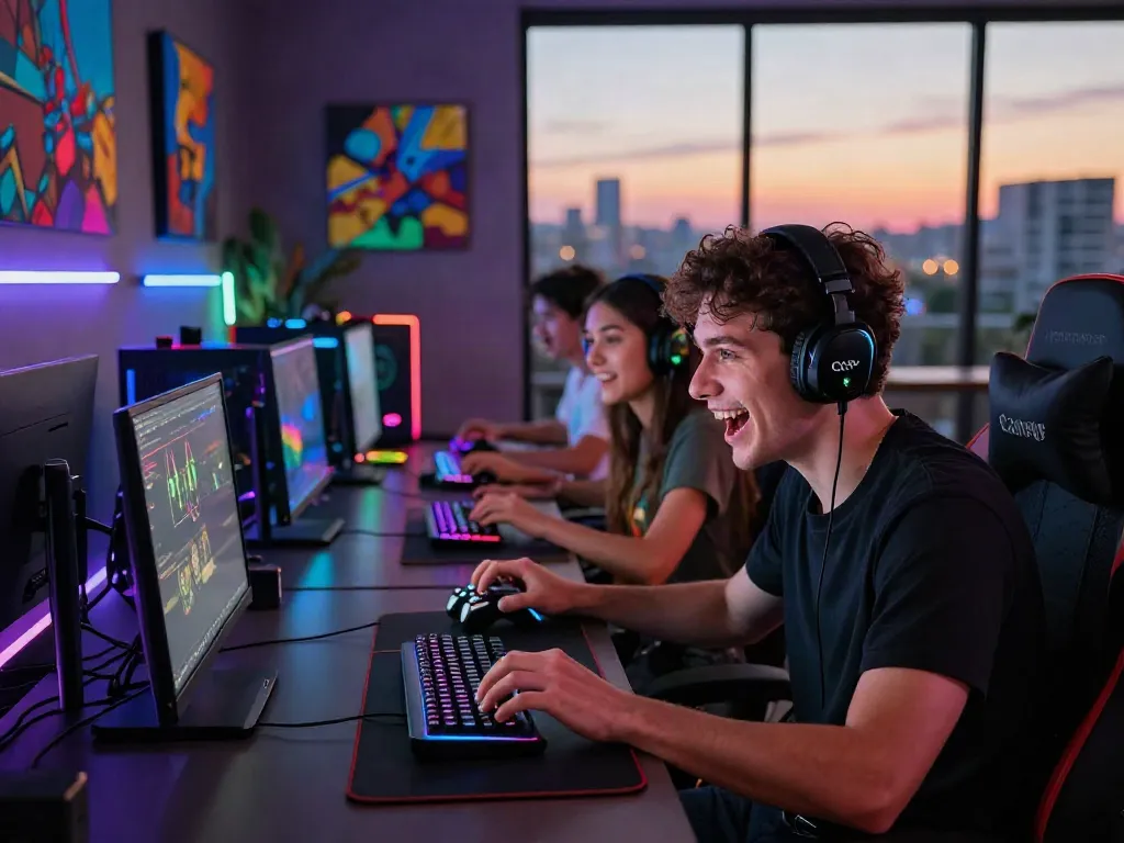 Exciting gaming scene featuring diverse players using luxury12 link technology, vibrant atmosphere with high-tech devices.